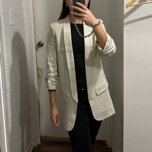 Zara Women's Linen Oversized Beige Blazer with Ruched Sleeves